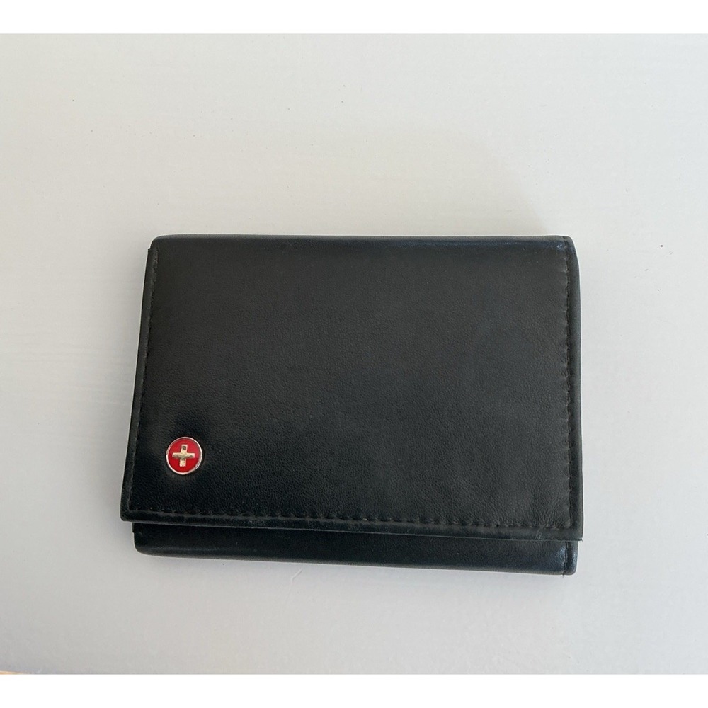 Alpine Swiss Trifold Wallet Mens Genuine Black Leather Classic Red Cross Logo